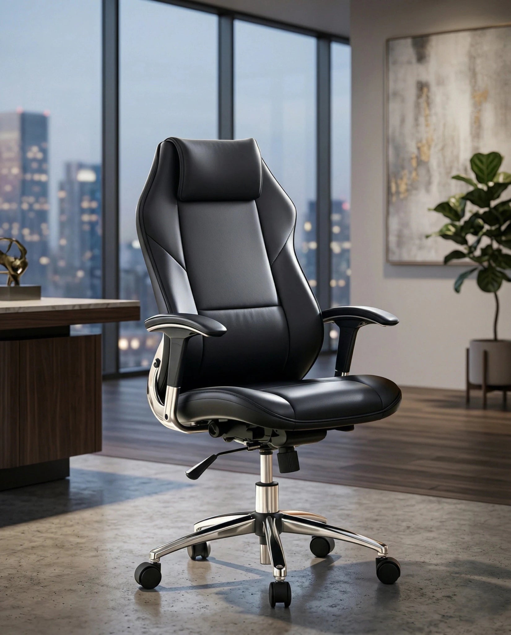 A premium black leather executive chair and designer high-back desk chair by Arris Concepts Luxury Pvt. Ltd.