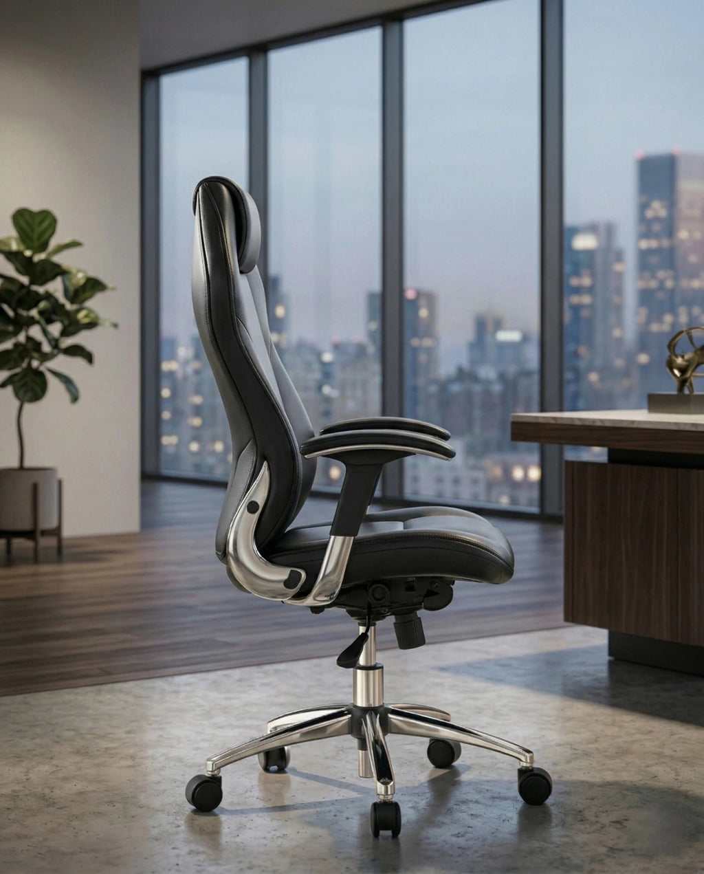 A premium black leather executive chair and designer high-back desk chair by Arris Concepts Luxury Pvt. Ltd.