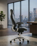A premium black leather executive chair and designer high-back desk chair by Arris Concepts Luxury Pvt. Ltd.