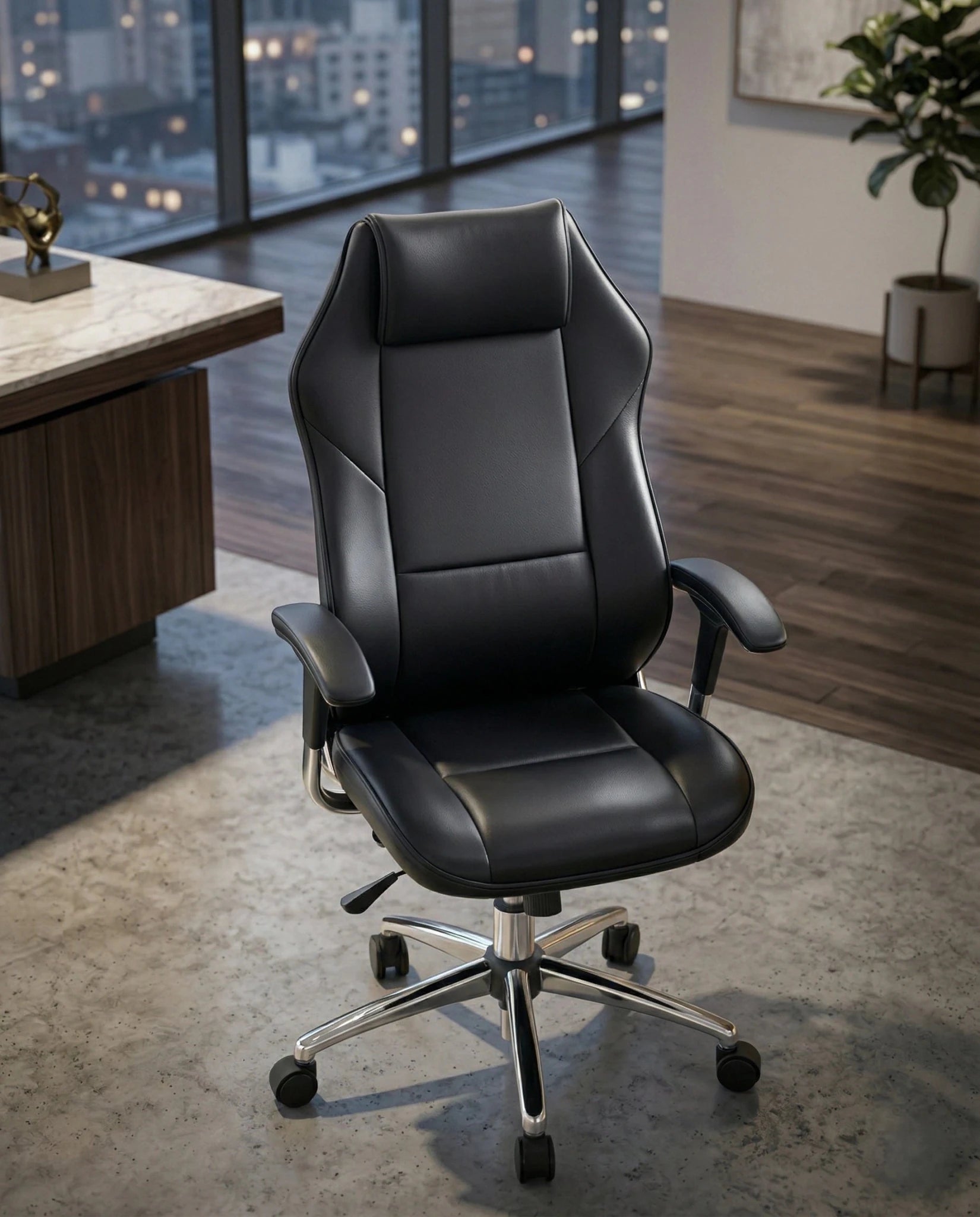 A premium black leather executive chair and designer high-back desk chair by Arris Concepts Luxury Pvt. Ltd.