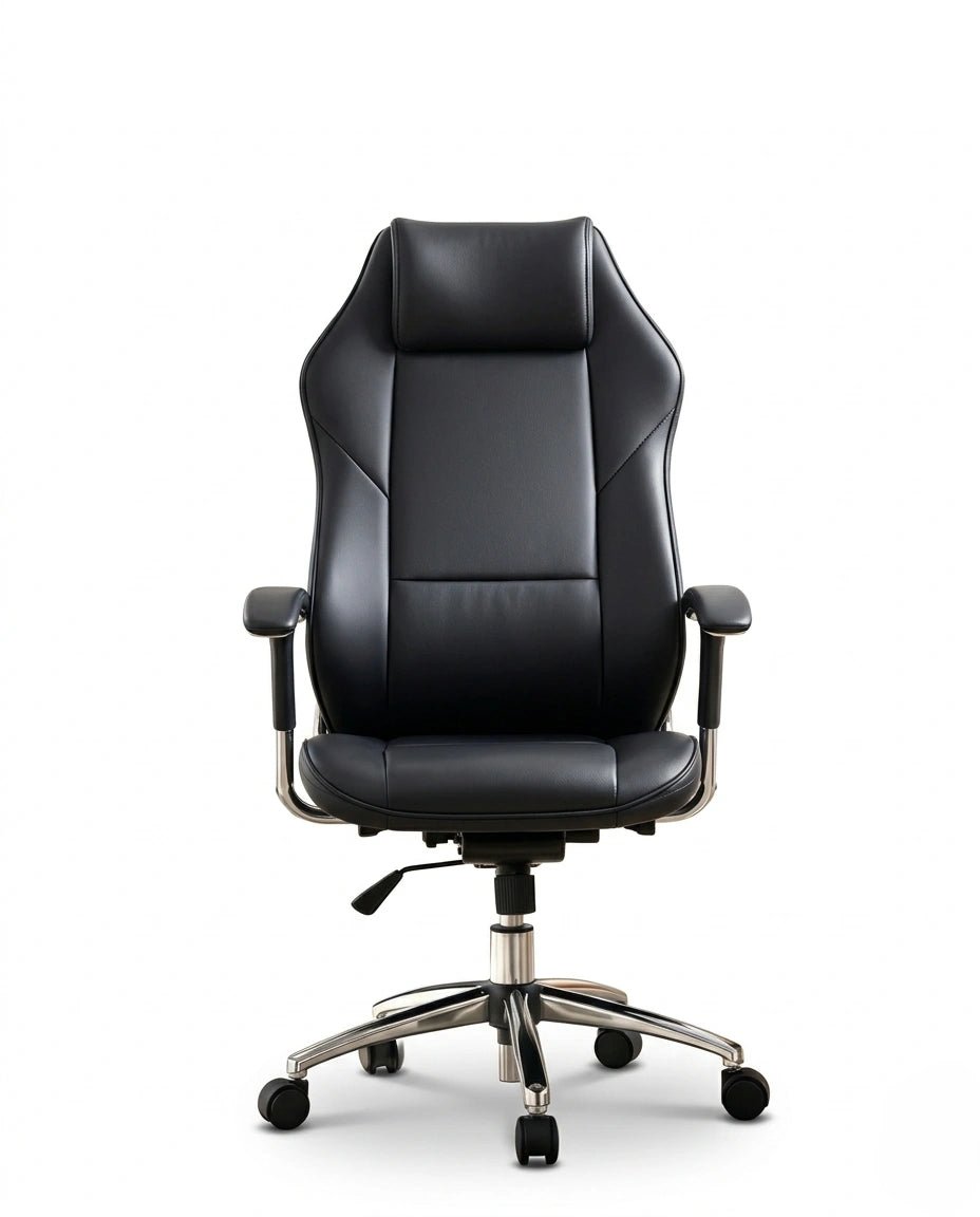 A premium black leather executive chair and designer high-back desk chair by Arris Concepts Luxury Pvt. Ltd.