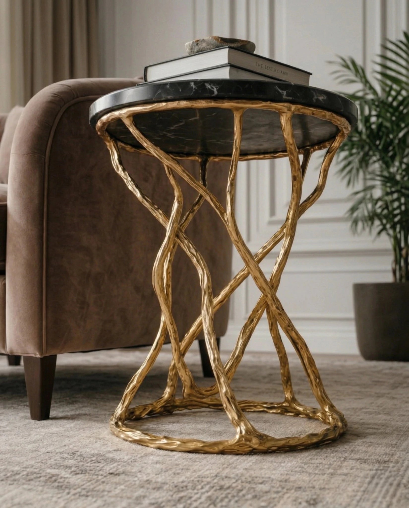 Beautiful premium black marble gold corner table crafted by Arris Concepts Luxury Pvt. Ltd.
