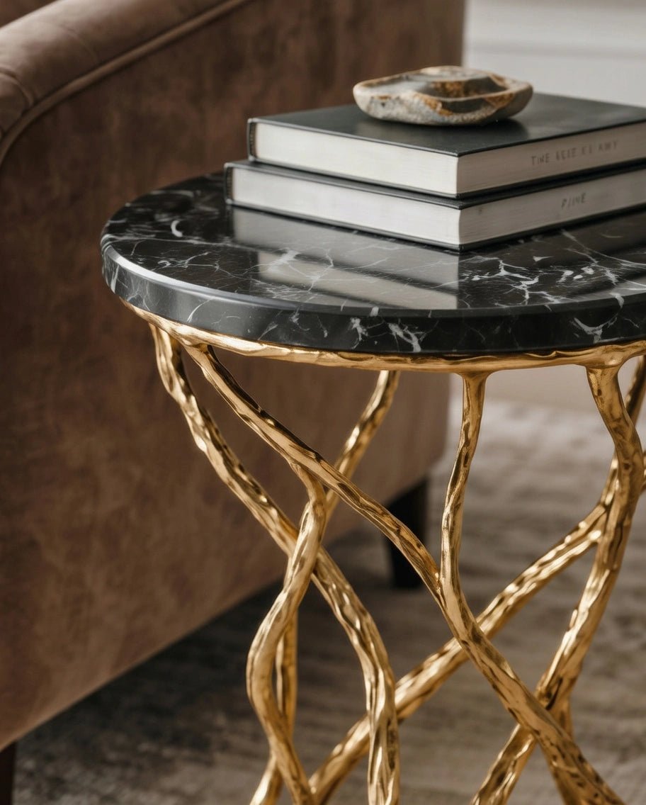 Beautiful premium black marble gold corner table crafted by Arris Concepts Luxury Pvt. Ltd.