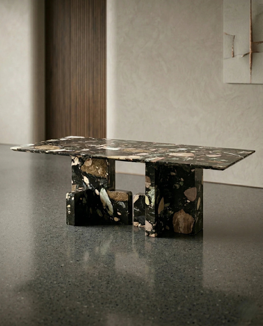 Modern geometric stone table and premium black terrazzo dining table crafted by Arris Concepts Luxury Pvt. Ltd.