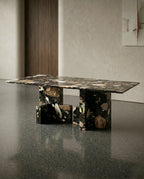 Modern geometric stone table and premium black terrazzo dining table crafted by Arris Concepts Luxury Pvt. Ltd.