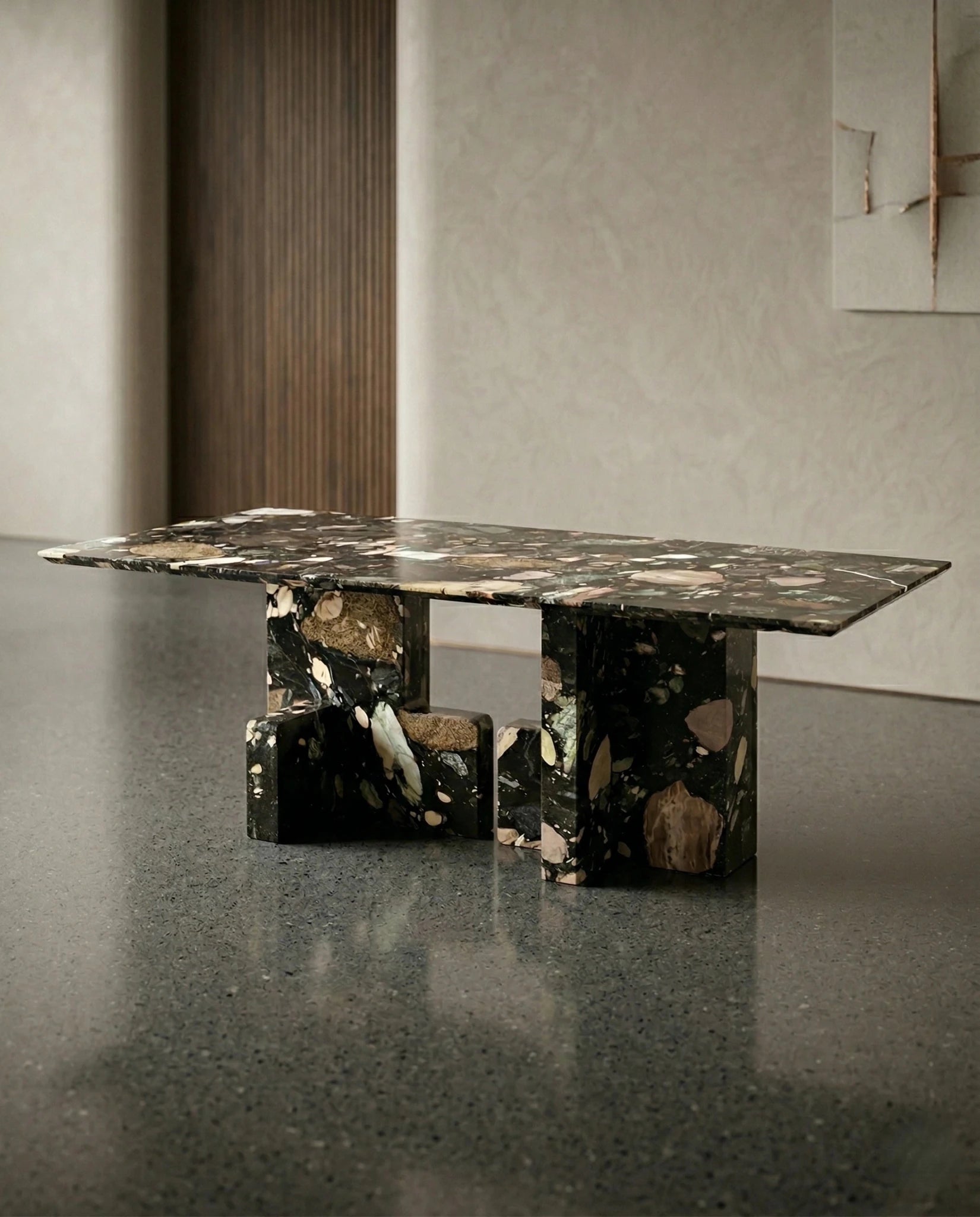 Modern geometric stone table and premium black terrazzo dining table crafted by Arris Concepts Luxury Pvt. Ltd.