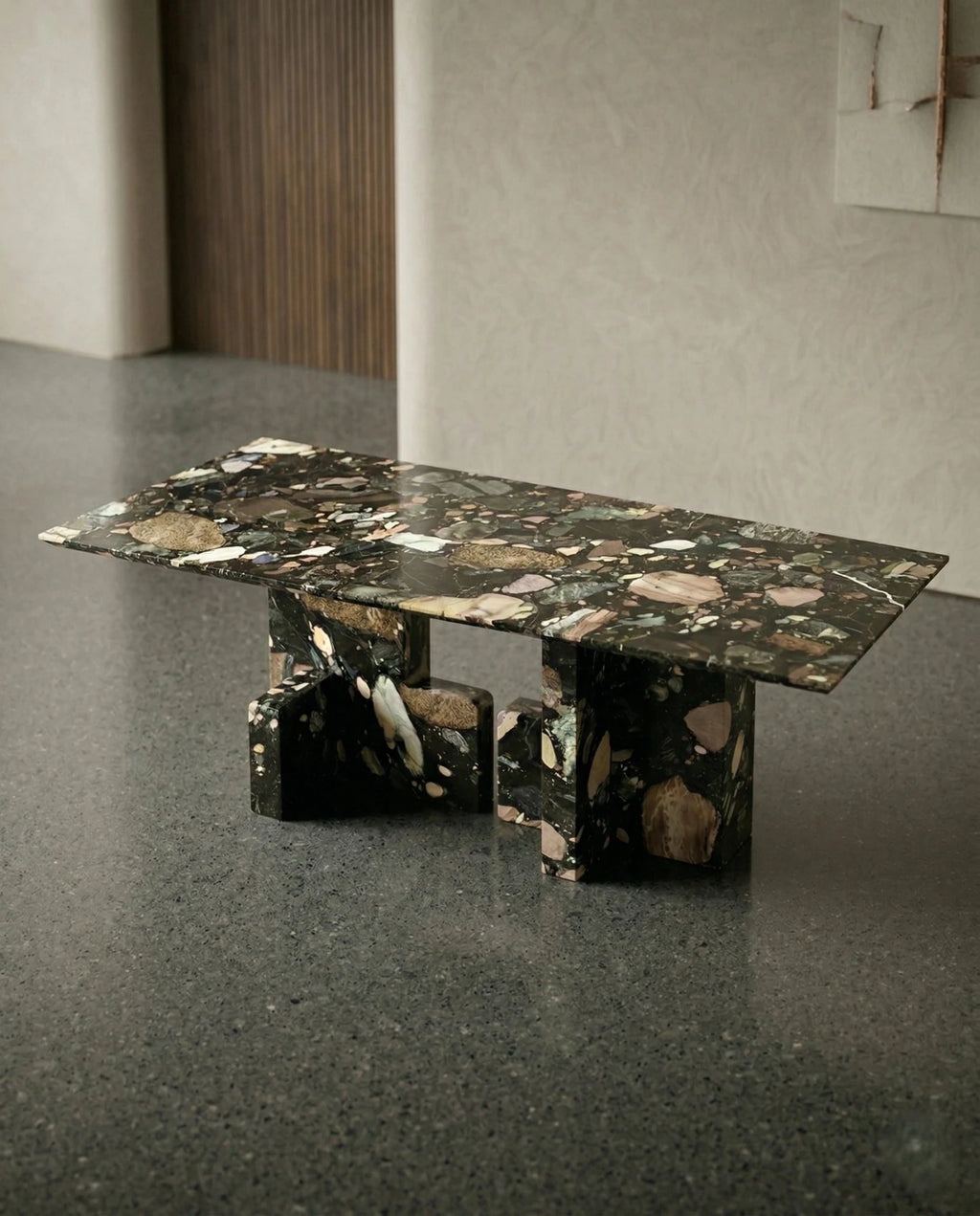 Modern geometric stone table and premium black terrazzo dining table crafted by Arris Concepts Luxury Pvt. Ltd.
