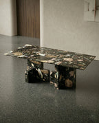 Modern geometric stone table and premium black terrazzo dining table crafted by Arris Concepts Luxury Pvt. Ltd.