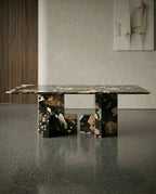 Modern geometric stone table and premium black terrazzo dining table crafted by Arris Concepts Luxury Pvt. Ltd.