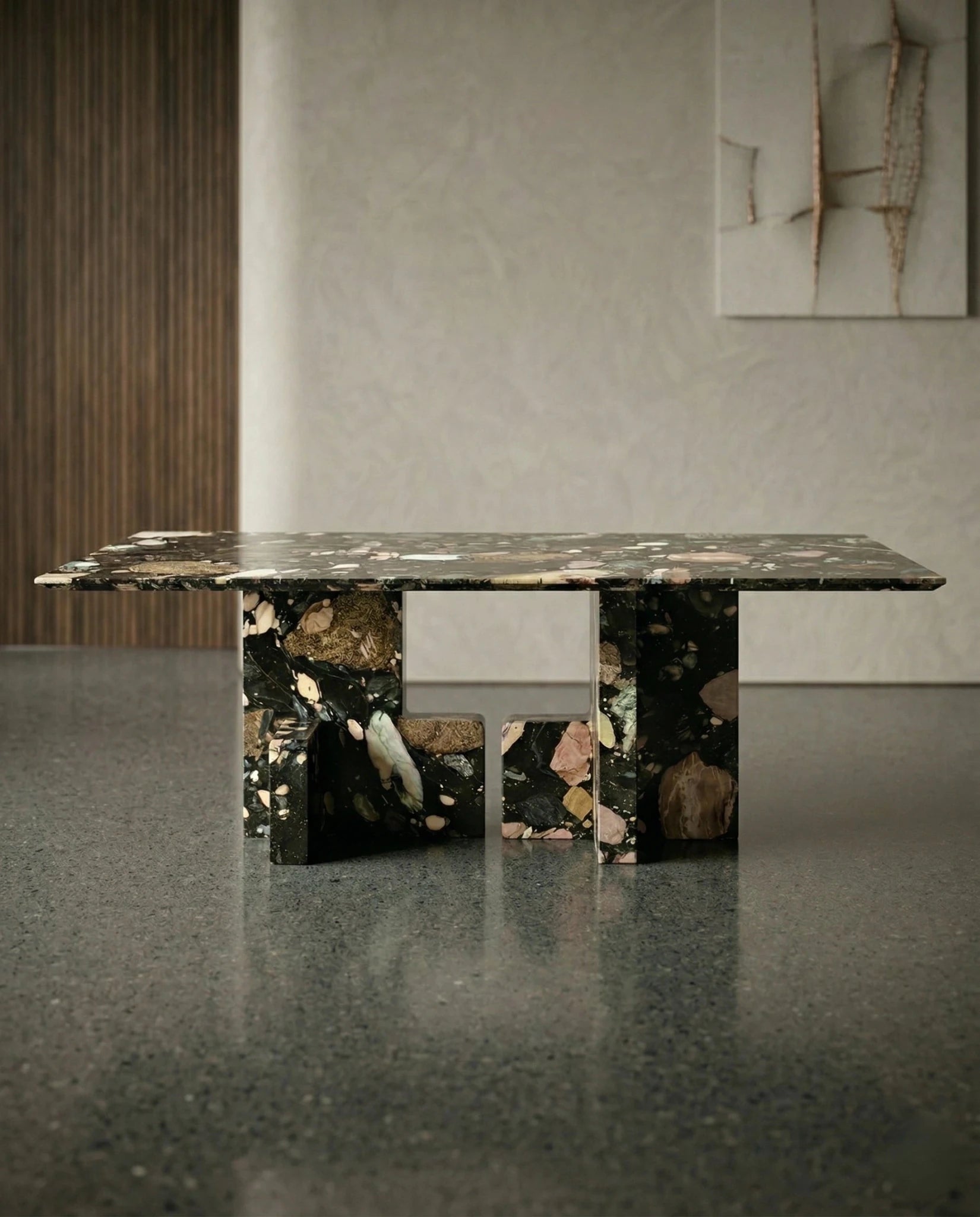 Modern geometric stone table and premium black terrazzo dining table crafted by Arris Concepts Luxury Pvt. Ltd.