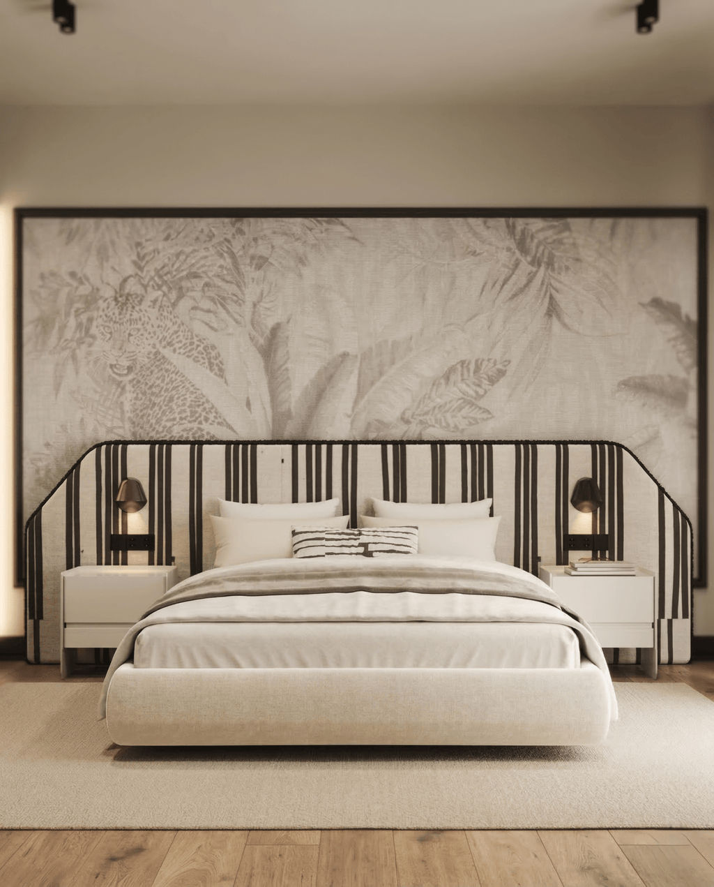 Beautiful premium black white striped king bed crafted by Arris Concepts Luxury Pvt. Ltd.