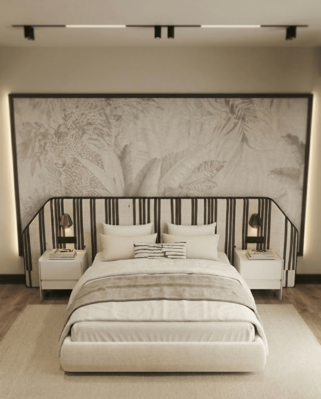 Beautiful premium black white striped king bed crafted by Arris Concepts Luxury Pvt. Ltd.