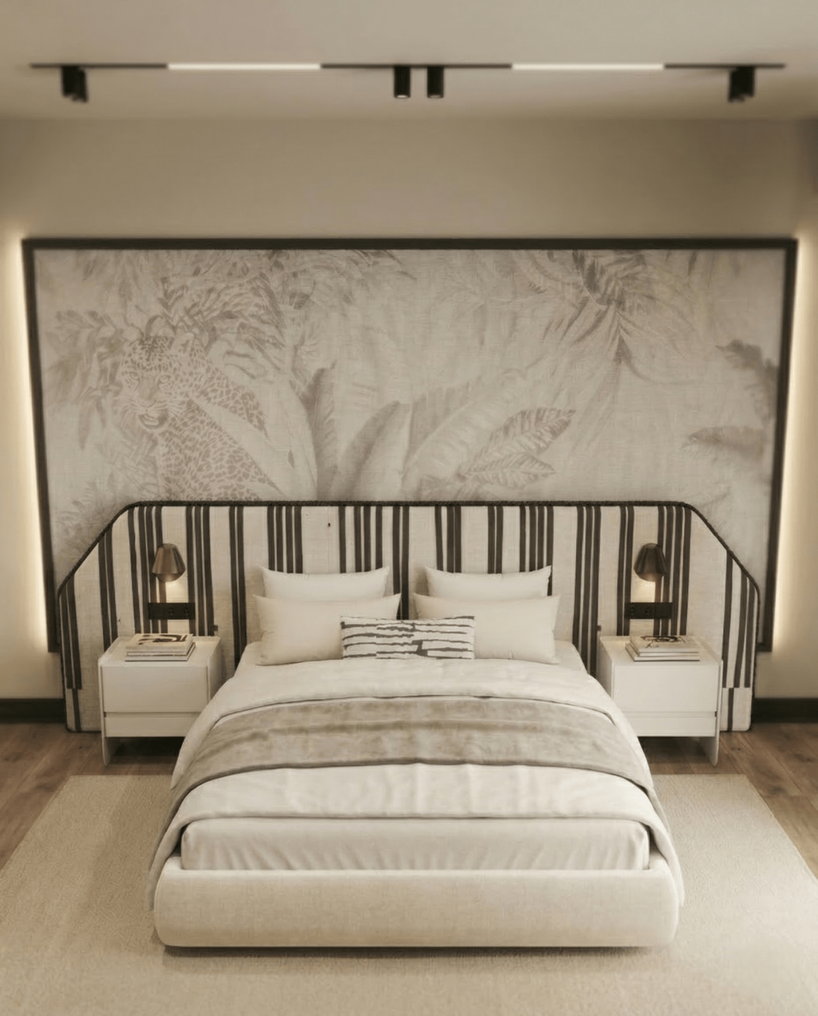 Beautiful premium black white striped king bed crafted by Arris Concepts Luxury Pvt. Ltd.
