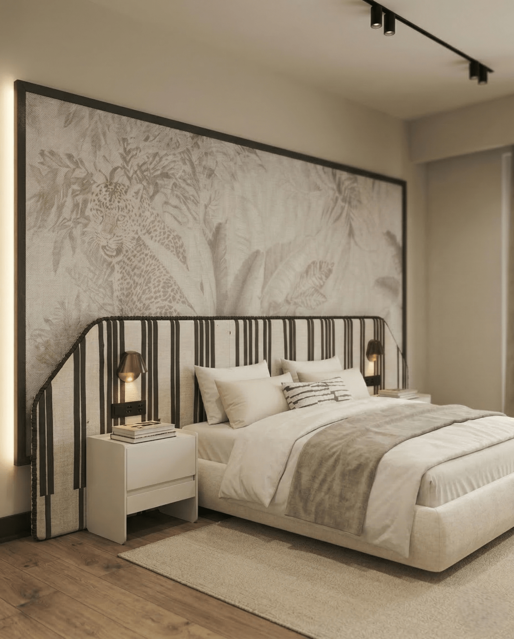 Beautiful premium black white striped king bed crafted by Arris Concepts Luxury Pvt. Ltd.