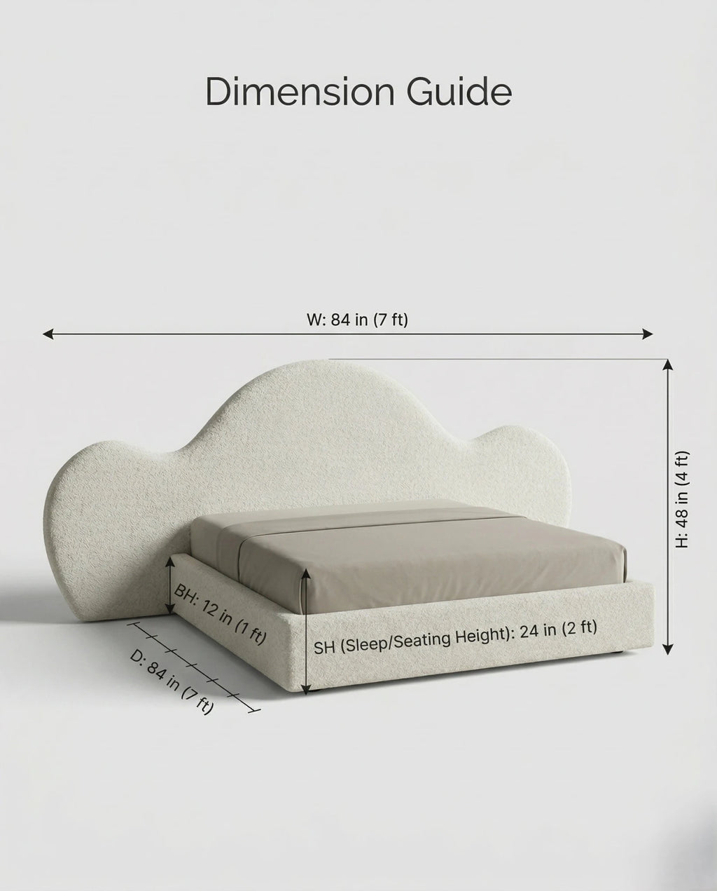 Designer upholstered floating bed and premium cream boucle platform bed by Arris Concepts Luxury Pvt. Ltd.