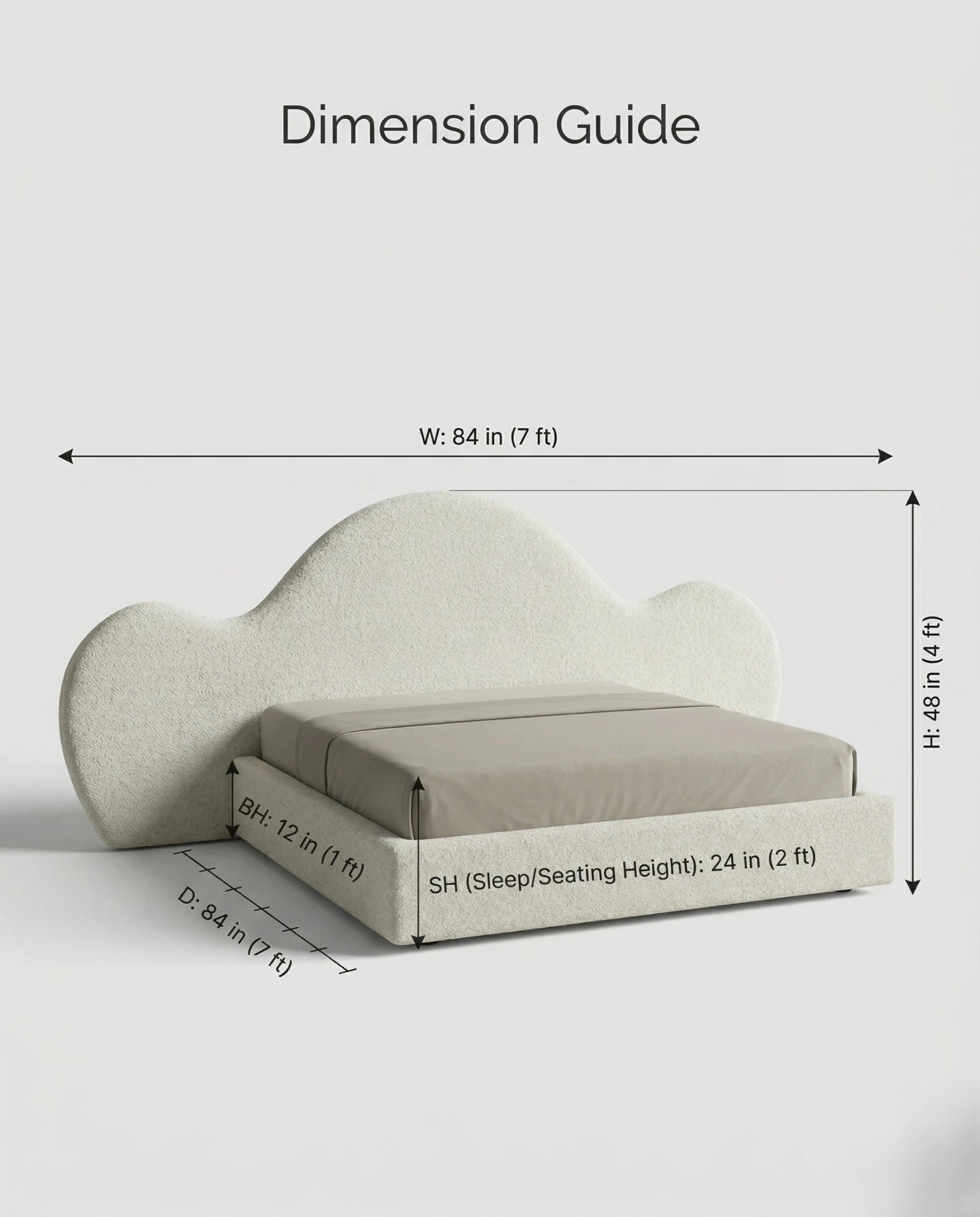Designer upholstered floating bed and premium cream boucle platform bed by Arris Concepts Luxury Pvt. Ltd.