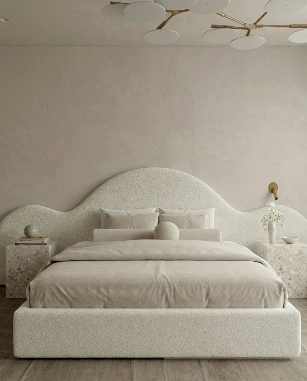 Designer upholstered floating bed and premium cream boucle platform bed by Arris Concepts Luxury Pvt. Ltd.