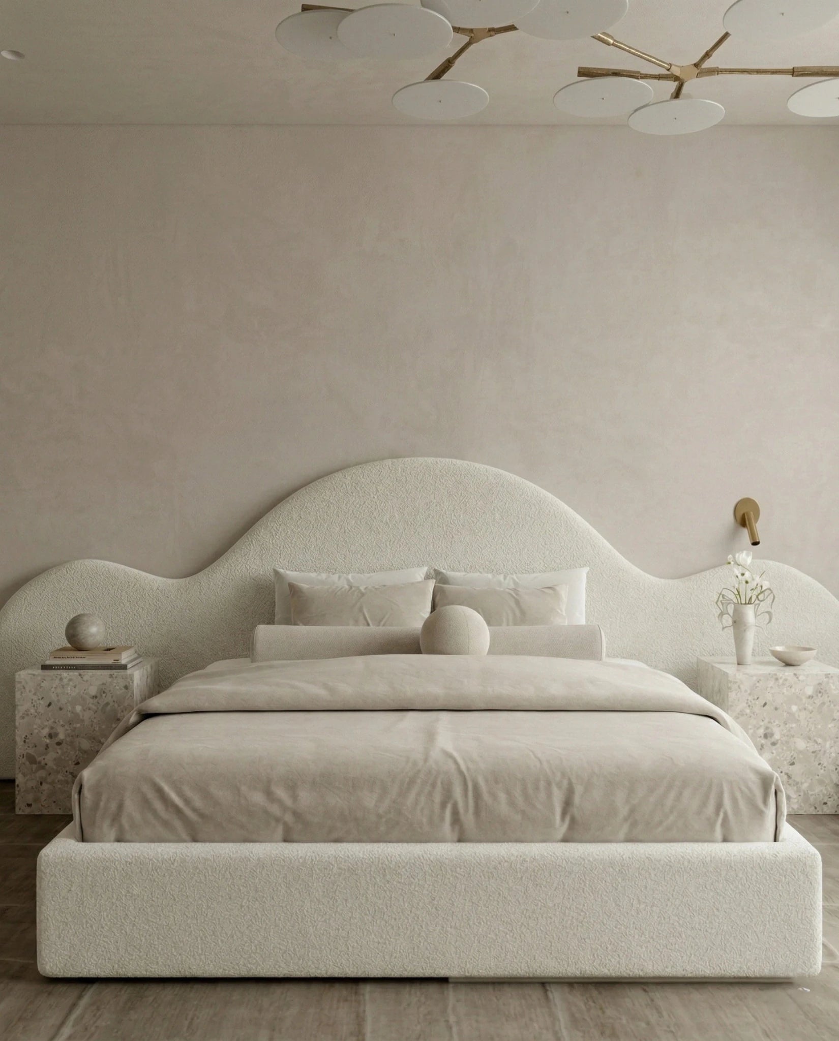 Designer upholstered floating bed and premium cream boucle platform bed by Arris Concepts Luxury Pvt. Ltd.
