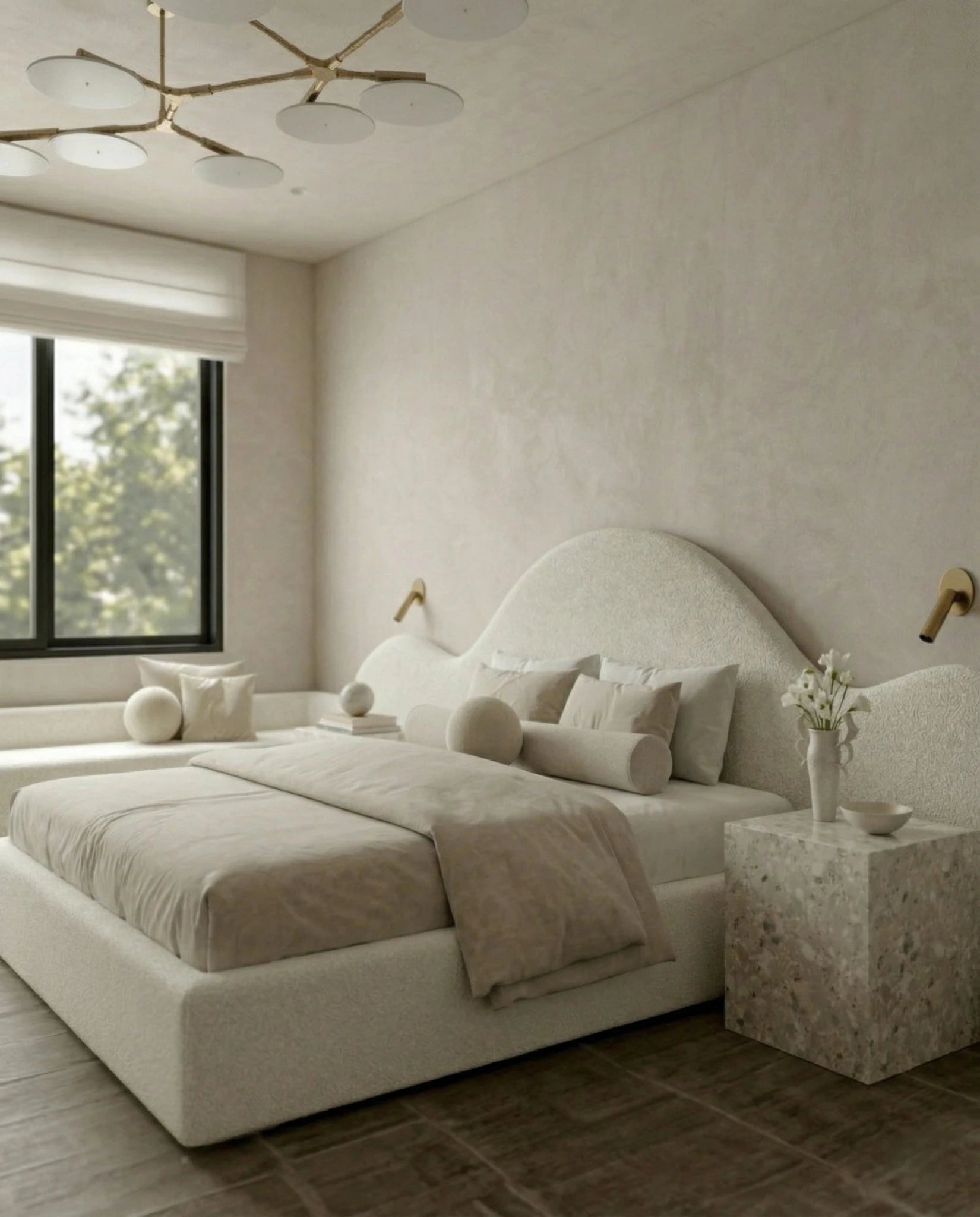 Designer upholstered floating bed and premium cream boucle platform bed by Arris Concepts Luxury Pvt. Ltd.
