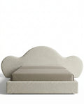 Designer upholstered floating bed and premium cream boucle platform bed by Arris Concepts Luxury Pvt. Ltd.