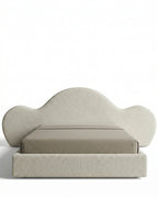 Designer upholstered floating bed and premium cream boucle platform bed by Arris Concepts Luxury Pvt. Ltd.