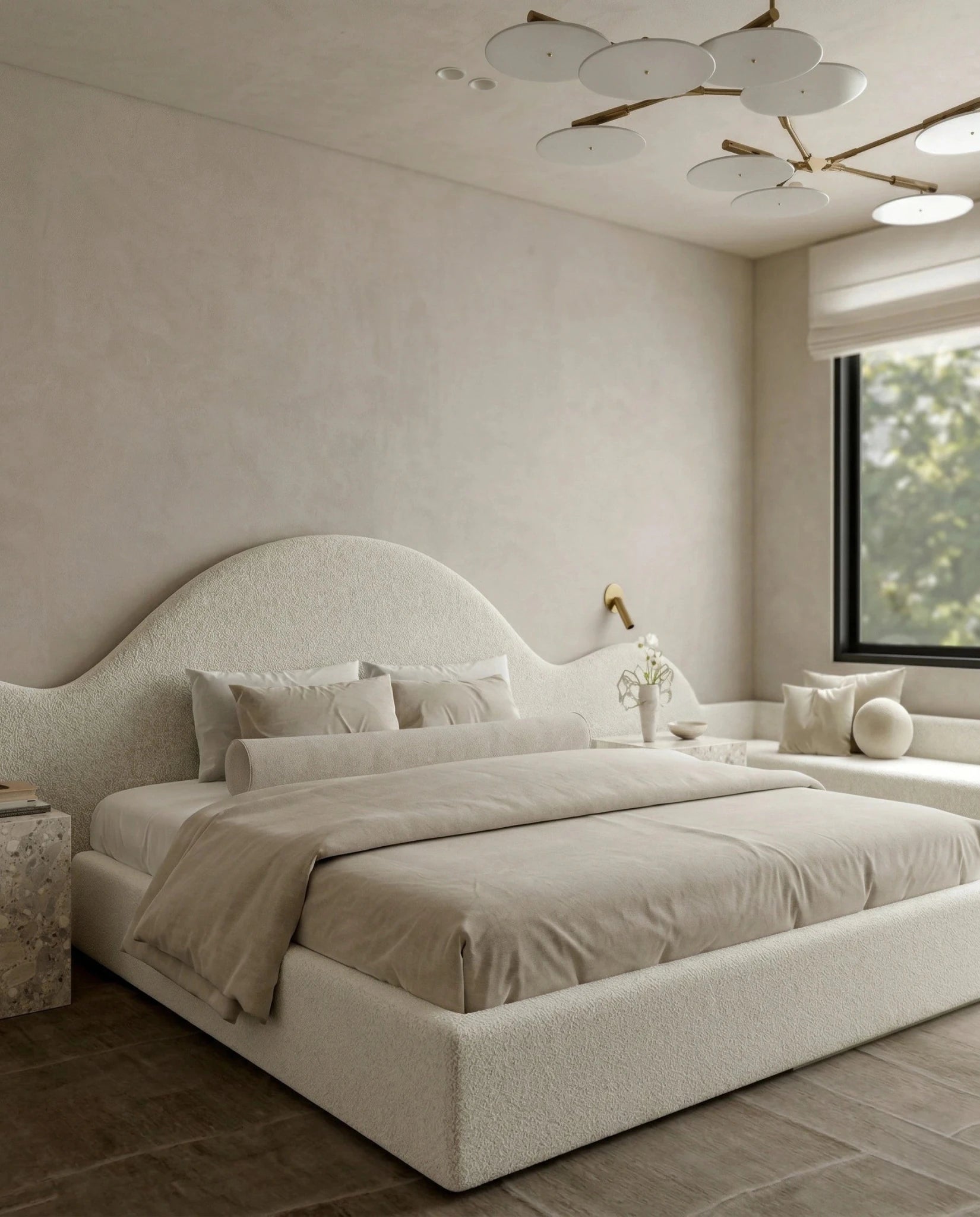 Designer upholstered floating bed and premium cream boucle platform bed by Arris Concepts Luxury Pvt. Ltd.