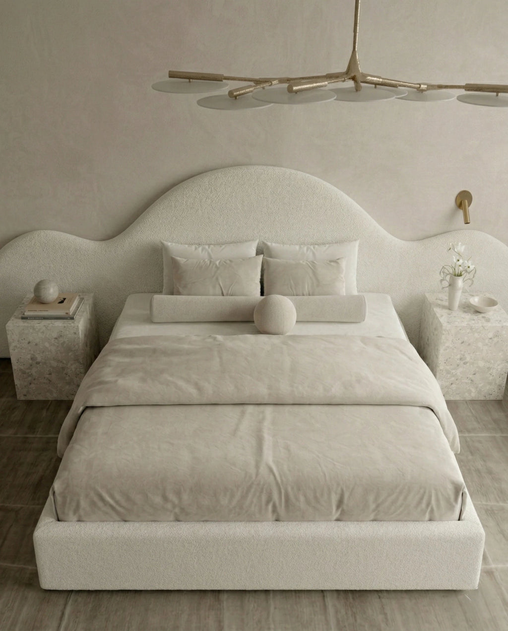 Designer upholstered floating bed and premium cream boucle platform bed by Arris Concepts Luxury Pvt. Ltd.