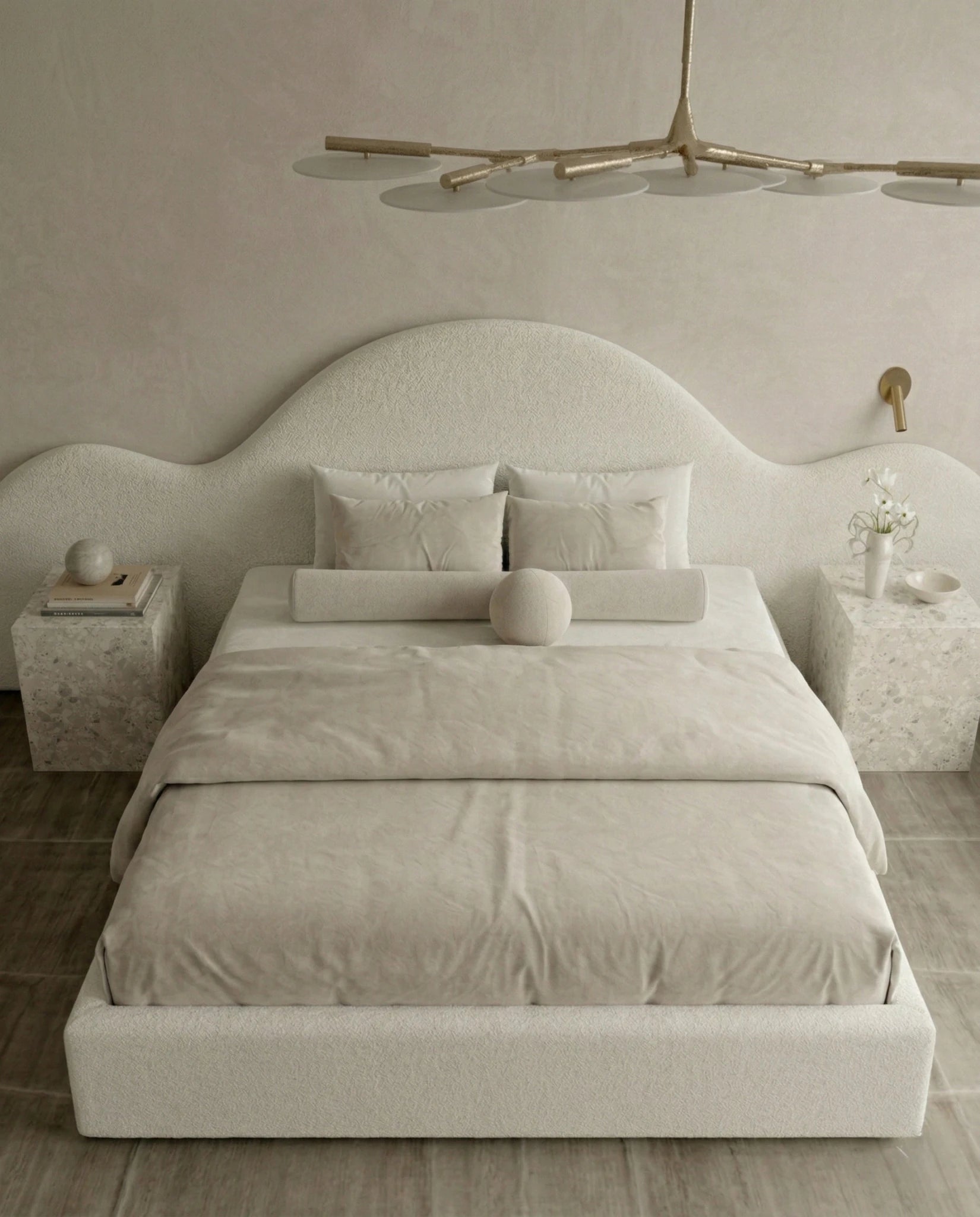 Designer upholstered floating bed and premium cream boucle platform bed by Arris Concepts Luxury Pvt. Ltd.