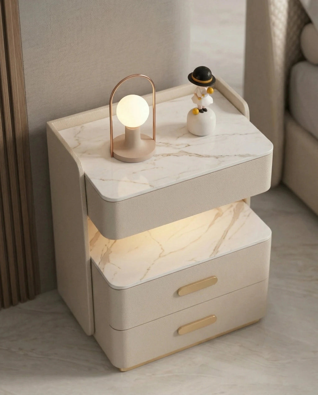 Beautiful modern leather accent table and premium cream marble side table crafted by Arris Concepts Luxury Pvt. Ltd.