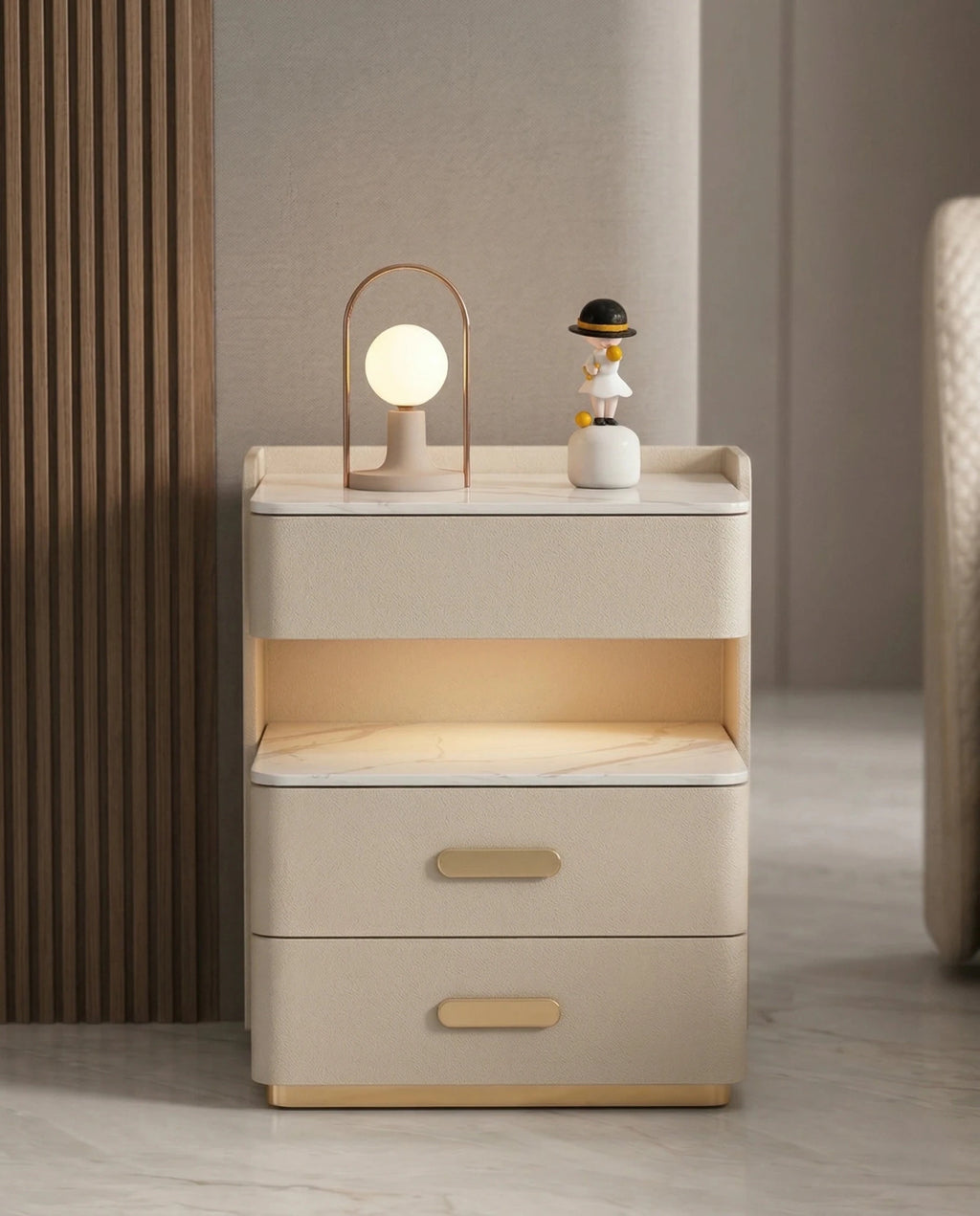Beautiful modern leather accent table and premium cream marble side table crafted by Arris Concepts Luxury Pvt. Ltd.