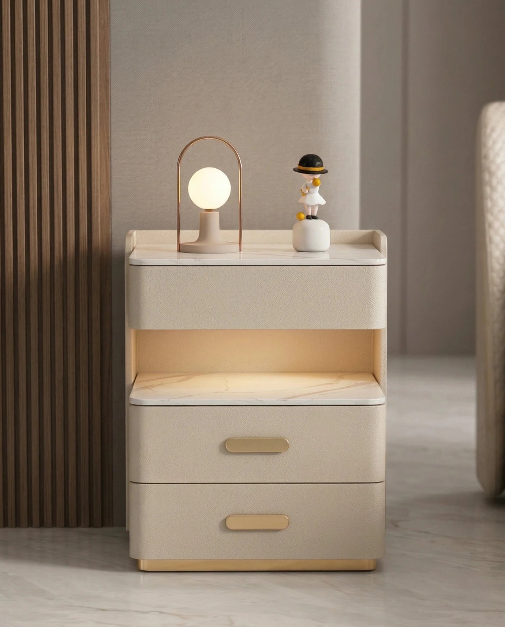 Beautiful modern leather accent table and premium cream marble side table crafted by Arris Concepts Luxury Pvt. Ltd.
