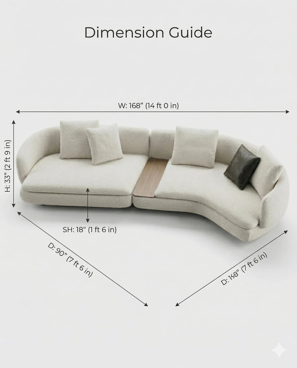 Beautiful premium curved boucle sofa with wood table crafted by Arris Concepts Luxury Pvt. Ltd.