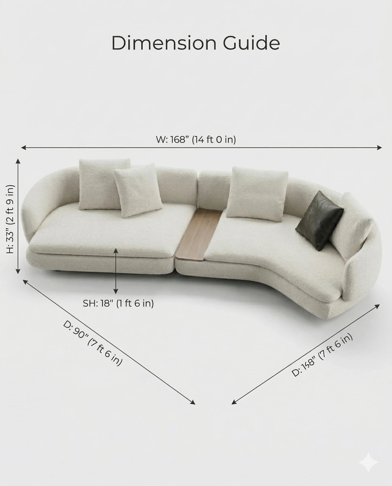 Beautiful premium curved boucle sofa with wood table crafted by Arris Concepts Luxury Pvt. Ltd.