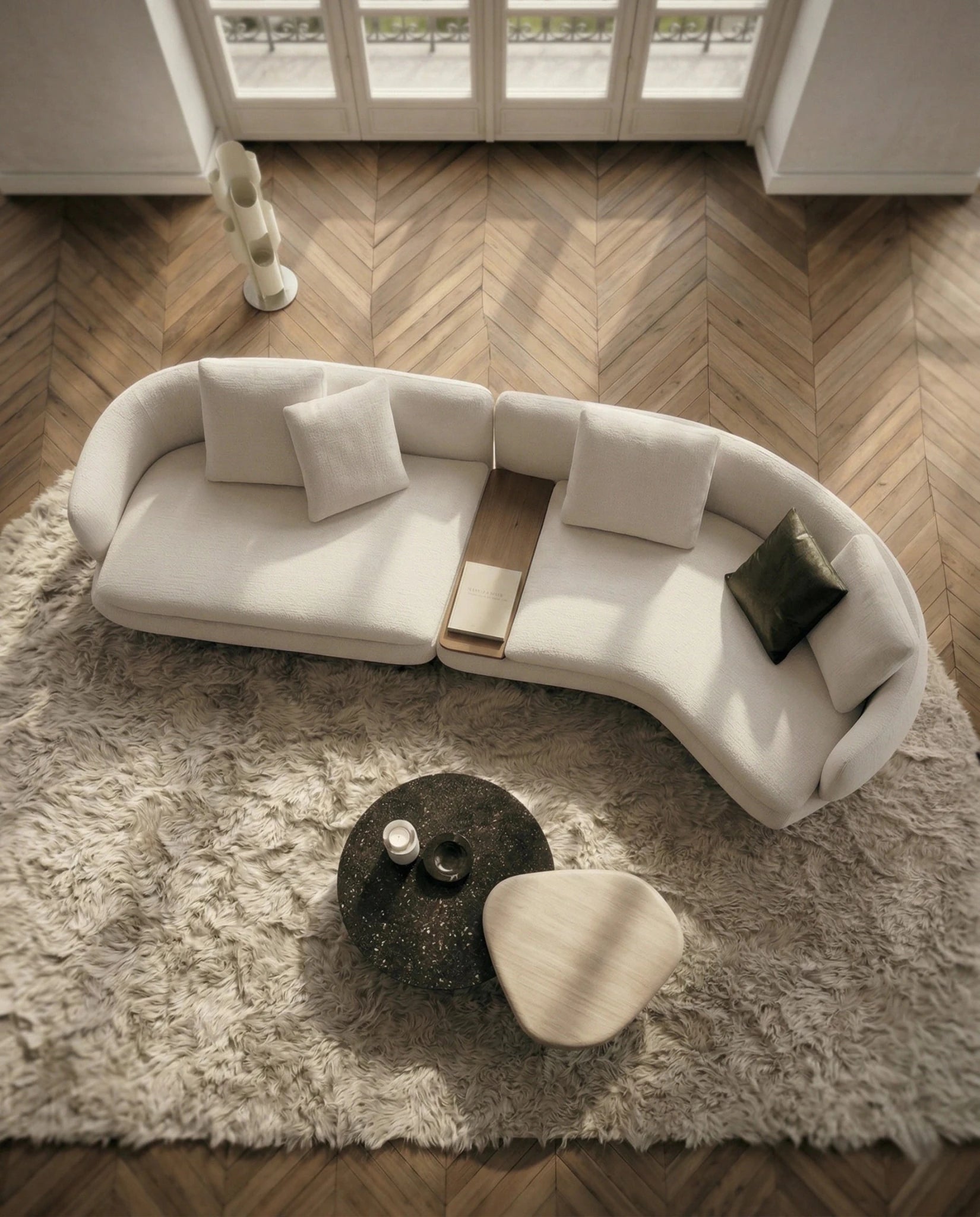Beautiful premium curved boucle sofa with wood table crafted by Arris Concepts Luxury Pvt. Ltd.