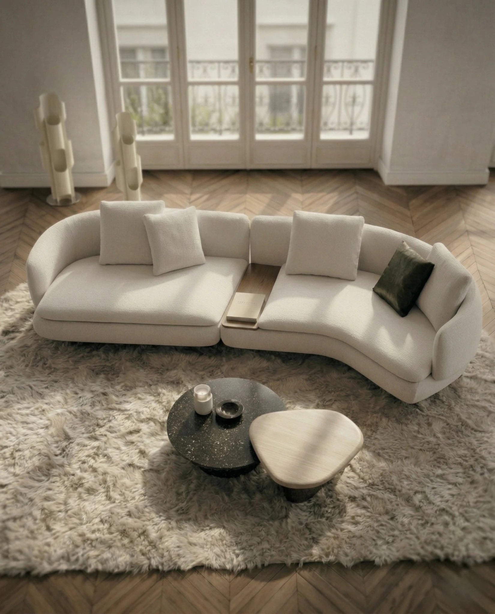 Beautiful premium curved boucle sofa with wood table crafted by Arris Concepts Luxury Pvt. Ltd.
