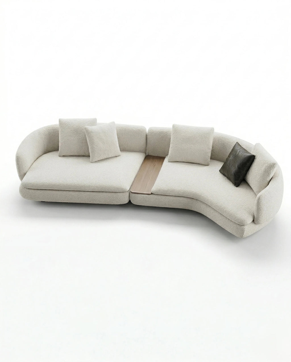 Beautiful premium curved boucle sofa with wood table crafted by Arris Concepts Luxury Pvt. Ltd.