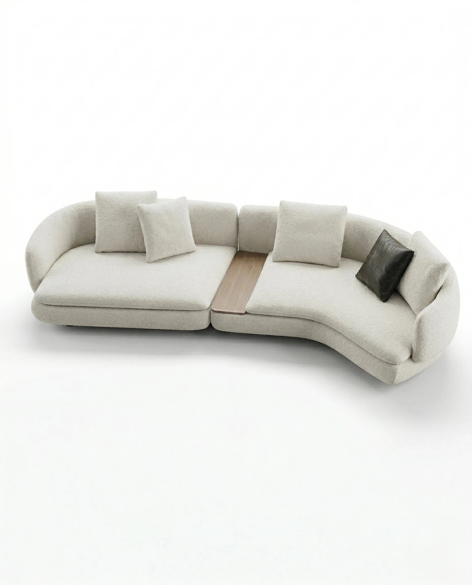 Beautiful premium curved boucle sofa with wood table crafted by Arris Concepts Luxury Pvt. Ltd.
