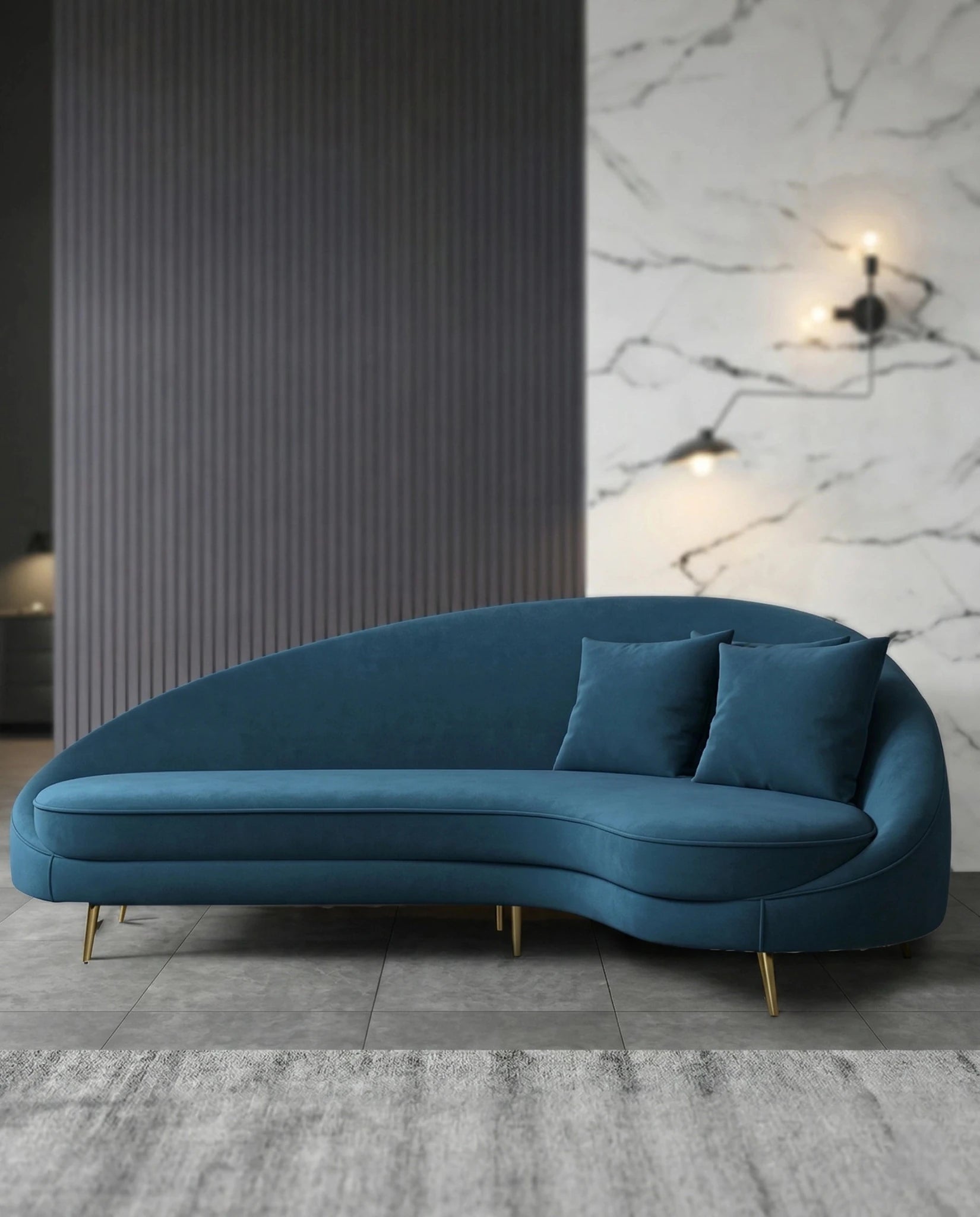 Beautiful premium curved teal velvet sofa crafted by Arris Concepts Luxury Pvt. Ltd.