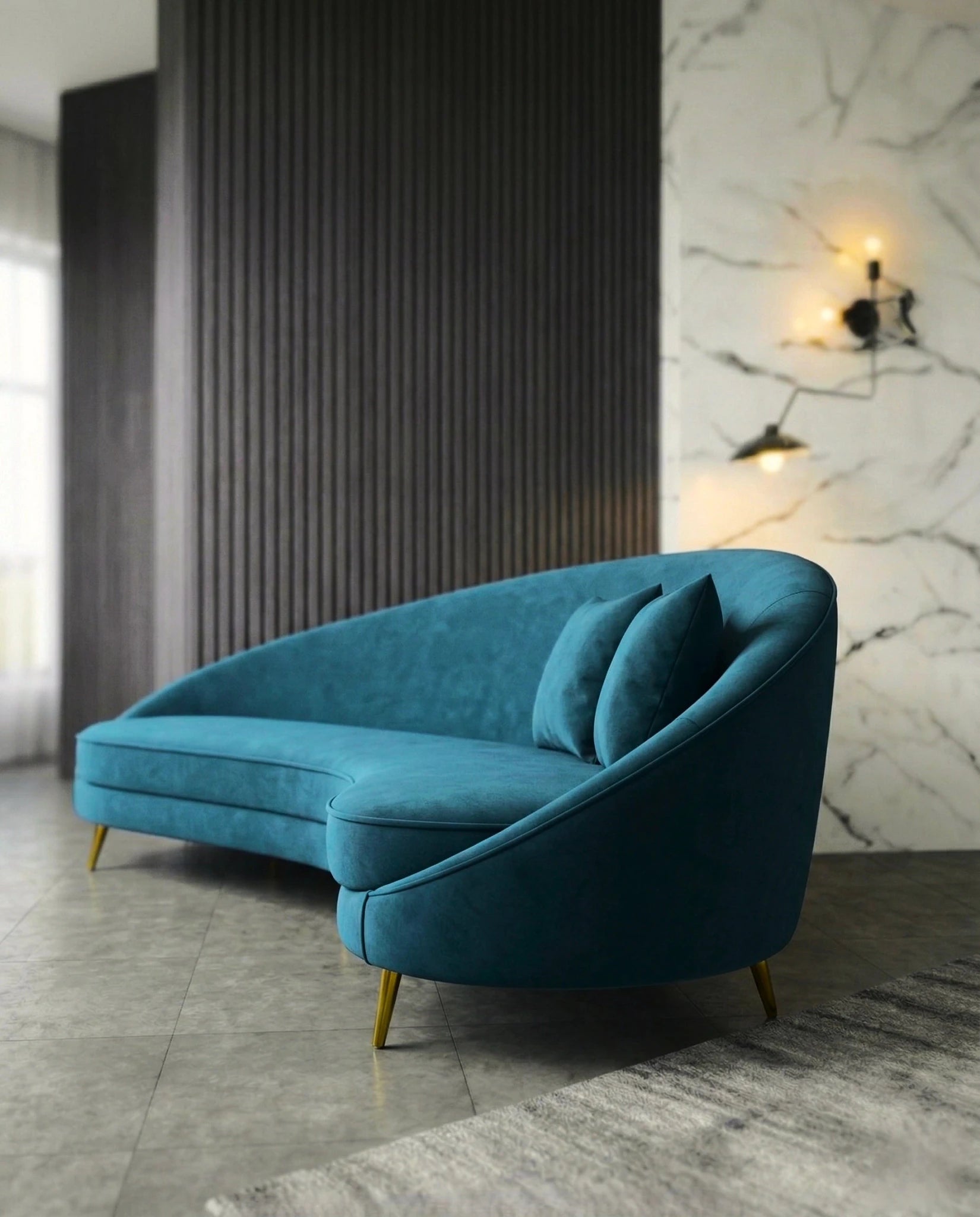 Beautiful premium curved teal velvet sofa crafted by Arris Concepts Luxury Pvt. Ltd.