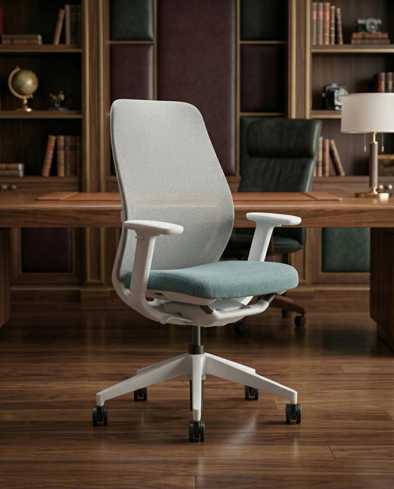 Modern desk chair with teal seat and premium ergonomic mesh office chair by Arris Concepts Luxury Pvt. Ltd.