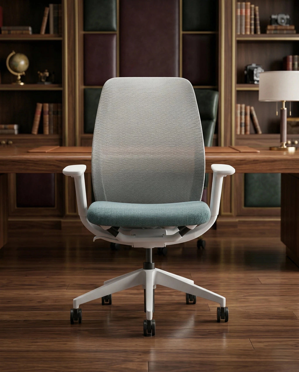 Modern desk chair with teal seat and premium ergonomic mesh office chair by Arris Concepts Luxury Pvt. Ltd.
