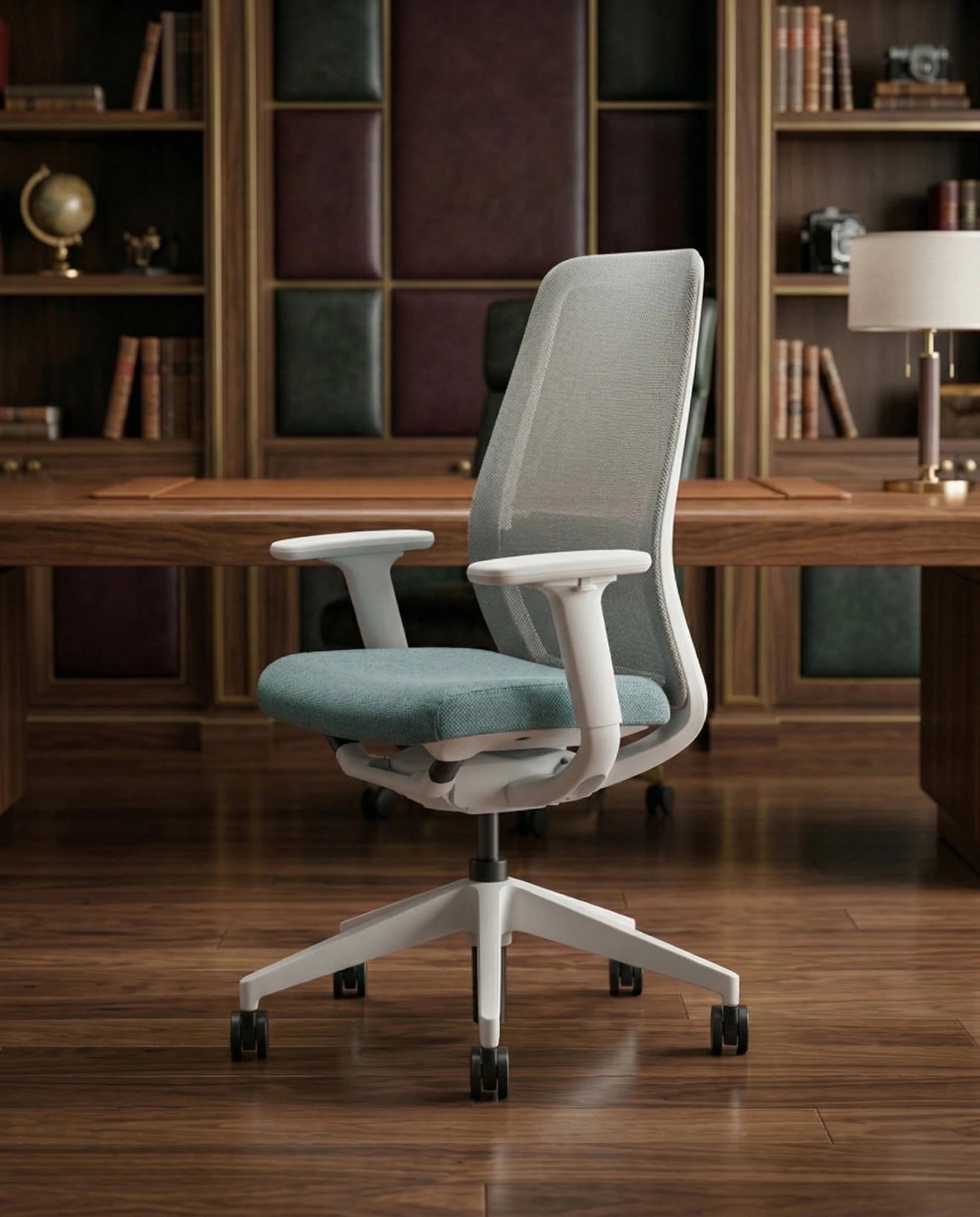 Modern desk chair with teal seat and premium ergonomic mesh office chair by Arris Concepts Luxury Pvt. Ltd.