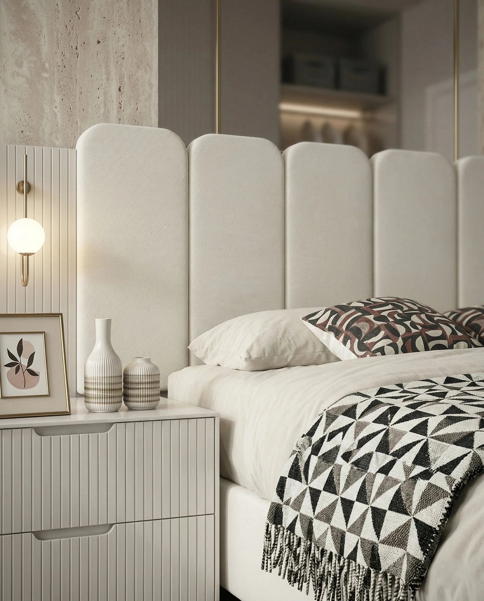 Beautiful cream fluted upholstered bed and premium extended headboard bed crafted by Arris Concepts Luxury Pvt. Ltd.
