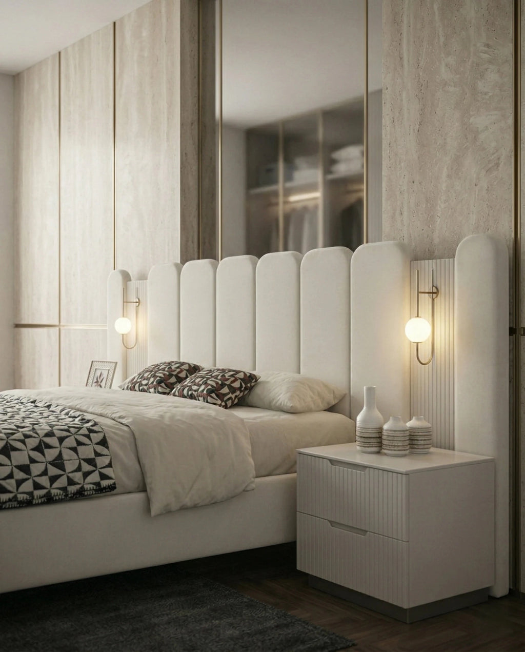 Beautiful cream fluted upholstered bed and premium extended headboard bed crafted by Arris Concepts Luxury Pvt. Ltd.