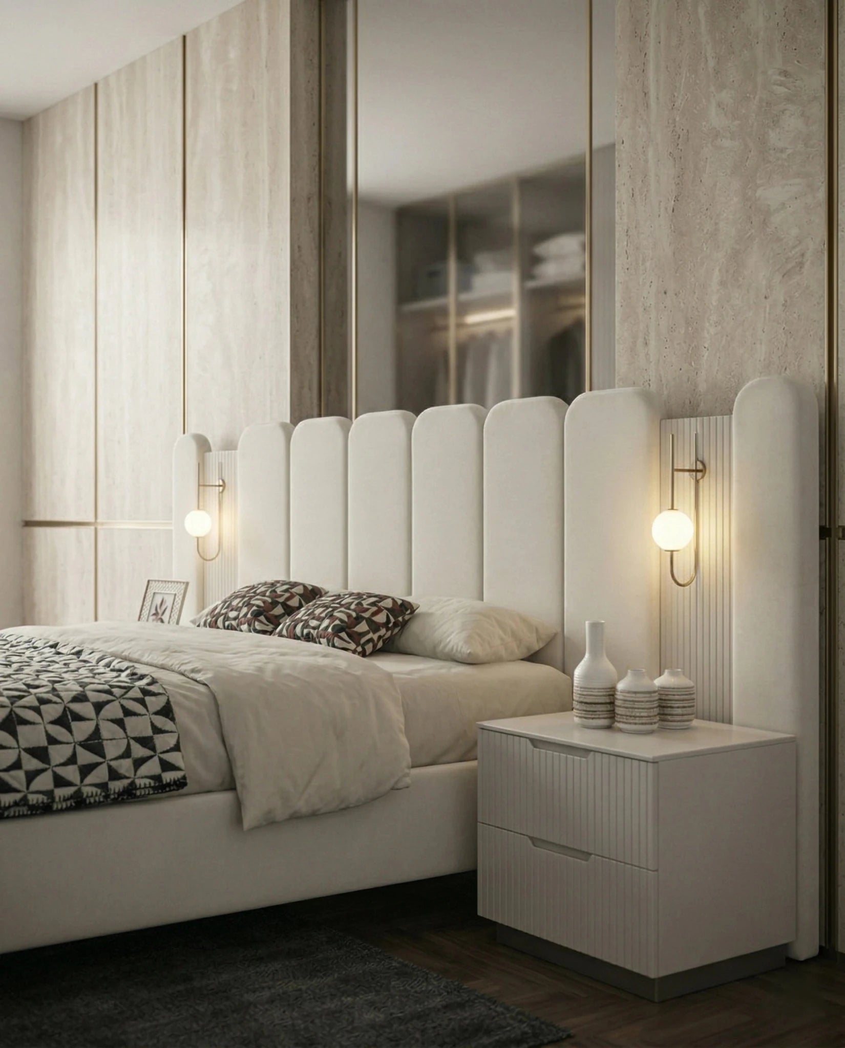 Beautiful cream fluted upholstered bed and premium extended headboard bed crafted by Arris Concepts Luxury Pvt. Ltd.