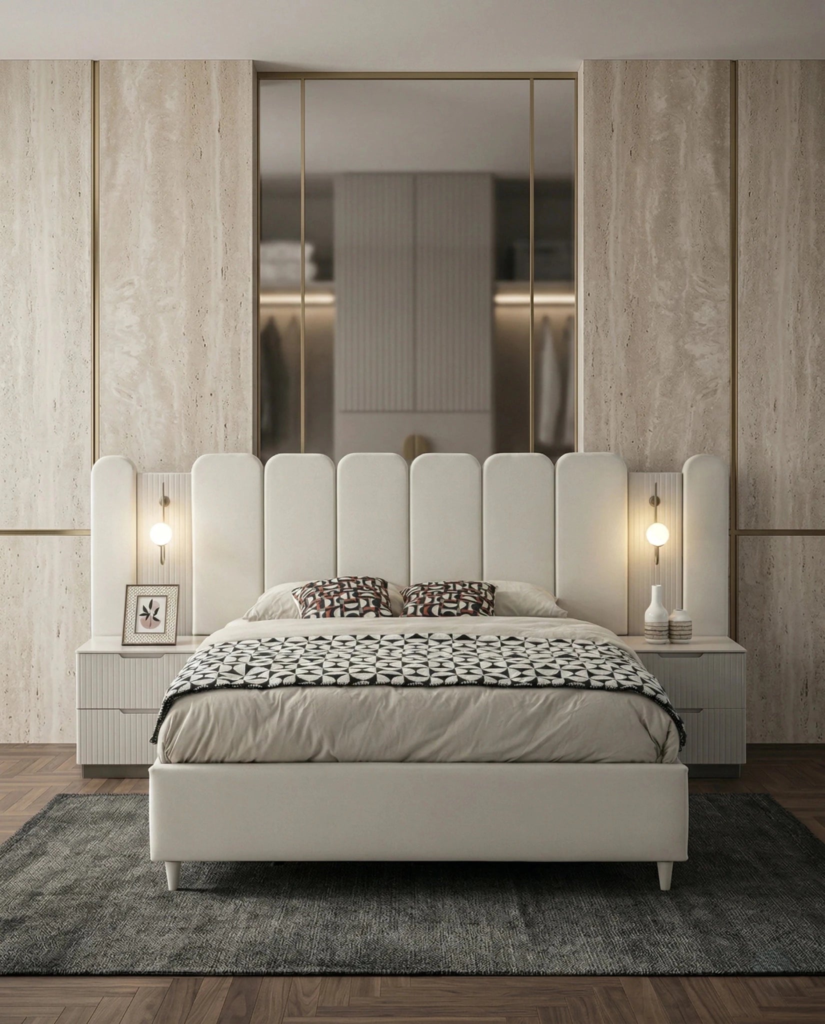 Beautiful cream fluted upholstered bed and premium extended headboard bed crafted by Arris Concepts Luxury Pvt. Ltd.