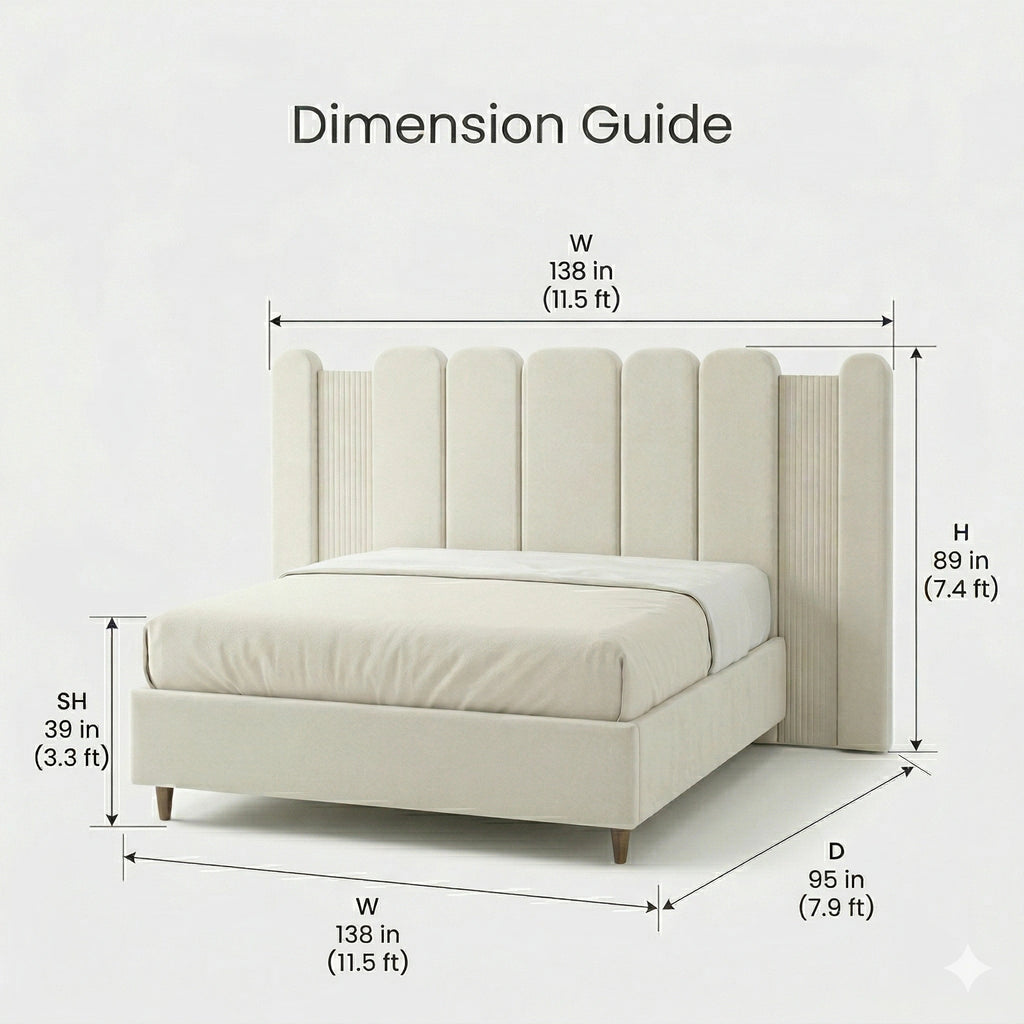 Beautiful cream fluted upholstered bed and premium extended headboard bed crafted by Arris Concepts Luxury Pvt. Ltd.
