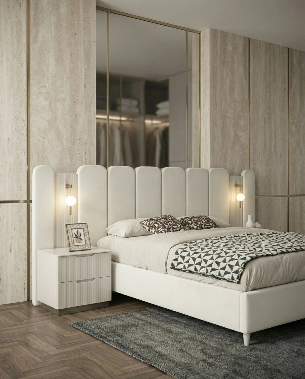 Beautiful cream fluted upholstered bed and premium extended headboard bed crafted by Arris Concepts Luxury Pvt. Ltd.