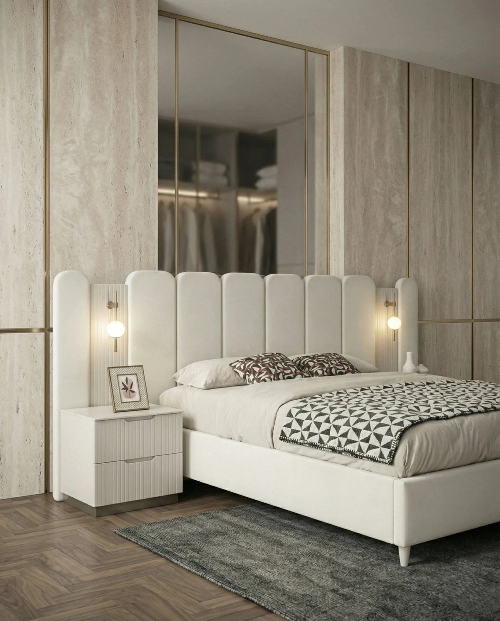 Beautiful cream fluted upholstered bed and premium extended headboard bed crafted by Arris Concepts Luxury Pvt. Ltd.