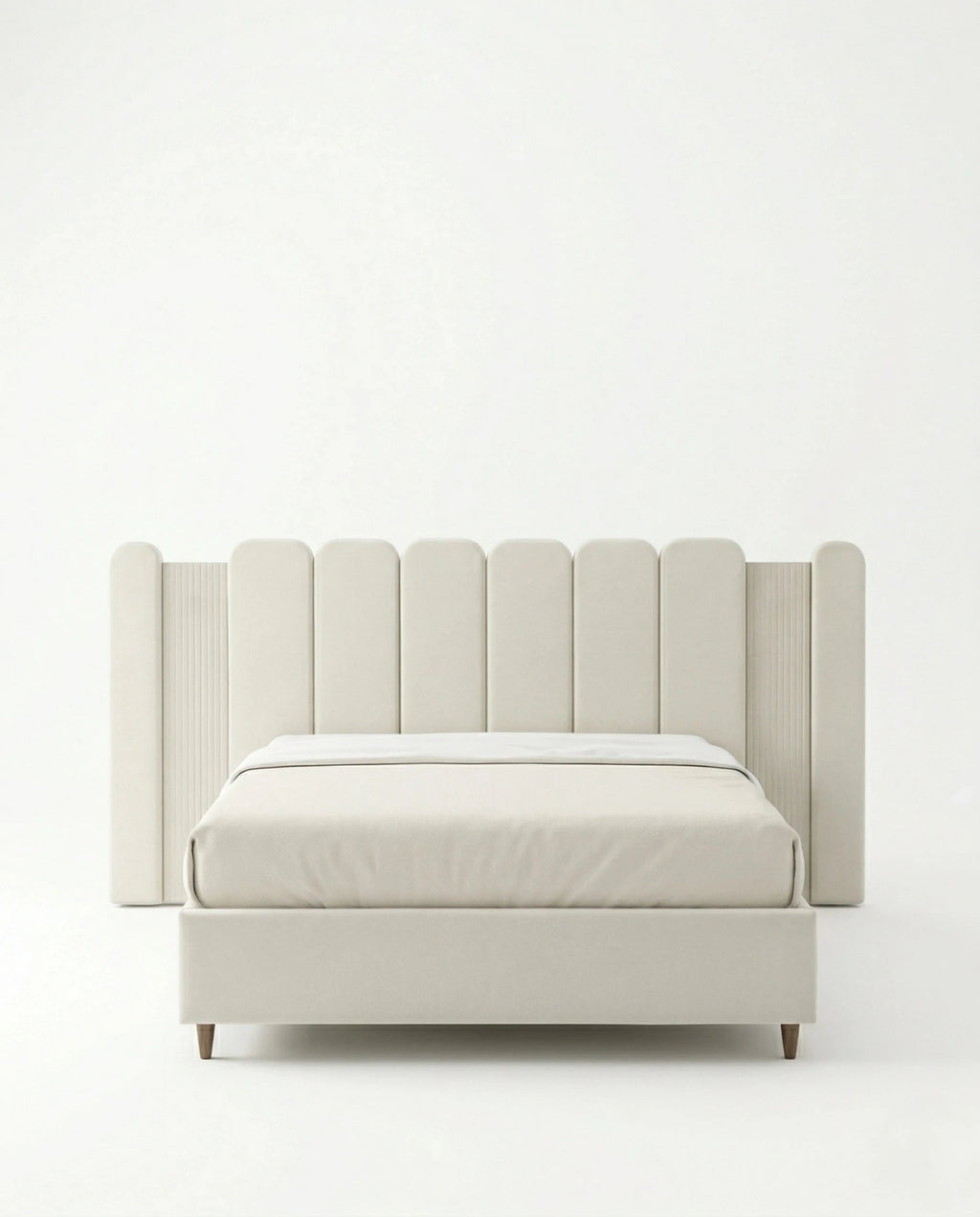 Beautiful cream fluted upholstered bed and premium extended headboard bed crafted by Arris Concepts Luxury Pvt. Ltd.